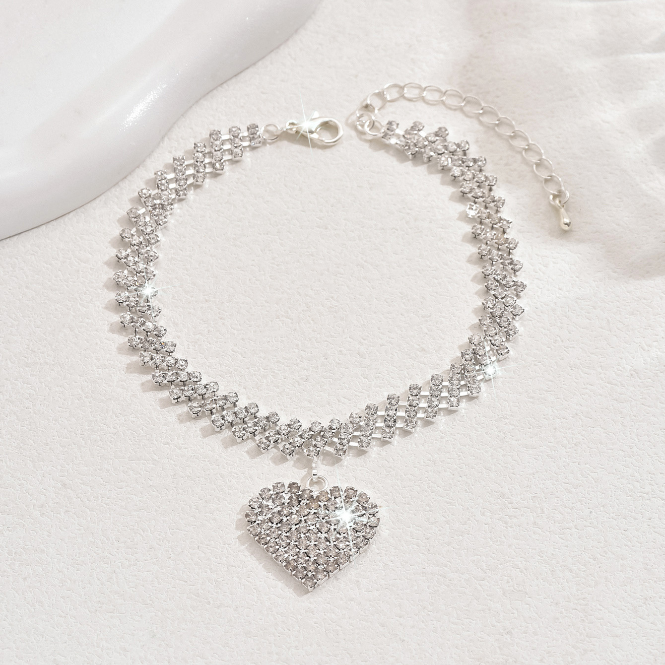 Crystal Heart Anklet Bracelet With Rhinestone Tennis Chain Design